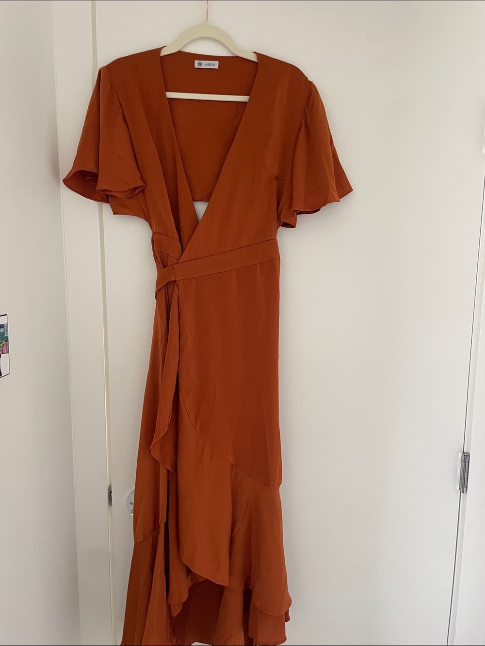 Rust-Orange Wrap Maxi Dress with Flutter Sleeves